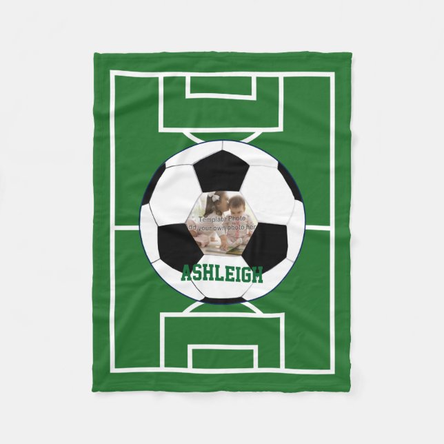 Personalised Soccer Ball and Field Photo template Fleece Blanket (Front)