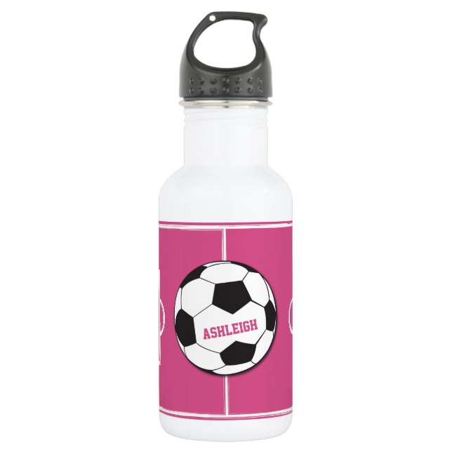 Personalised Soccer Ball and Field Pink 532 Ml Water Bottle (Front)
