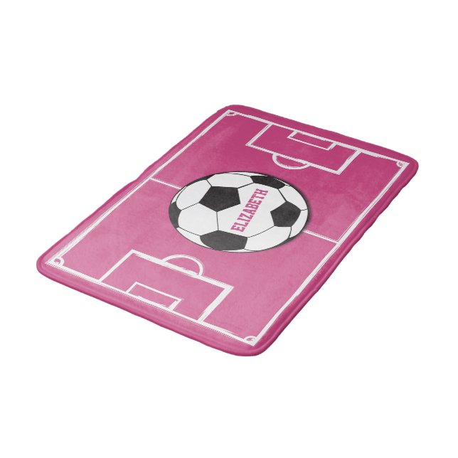 Personalised Soccer Ball and Field Pink Bath Mat (Angled)