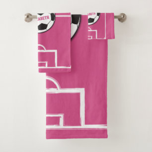 Personalised Soccer Ball and Field Pink Bath Towel Set