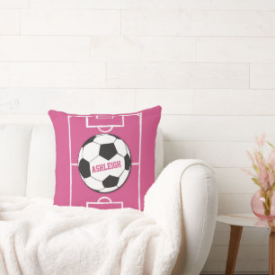 Personalised Soccer Ball and Field Pink Cushion