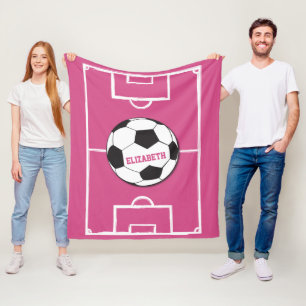 Personalised Soccer Ball and Field Pink Fleece Blanket