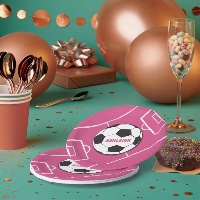 Personalised Soccer Ball and Field Pink Paper Plate (Multi)
