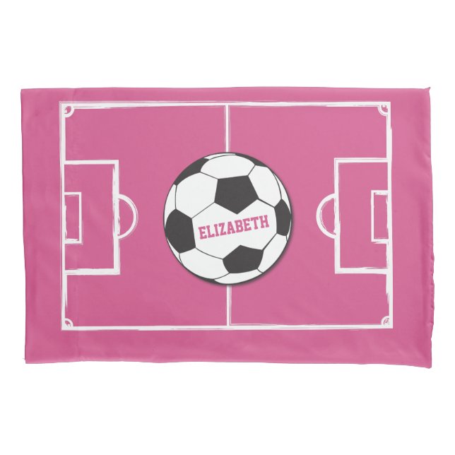 Personalised Soccer Ball and Field Pink Pillowcase (Front)