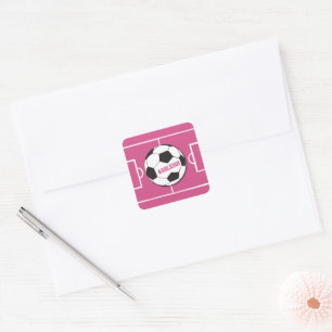 Personalised Soccer Ball and Field Pink Square Sticker