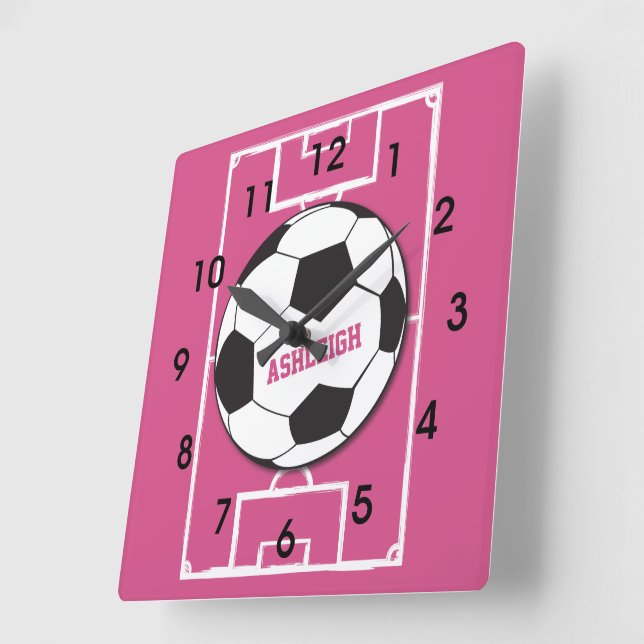 Personalised Soccer Ball and Field Pink Square Wall Clock (Angle)