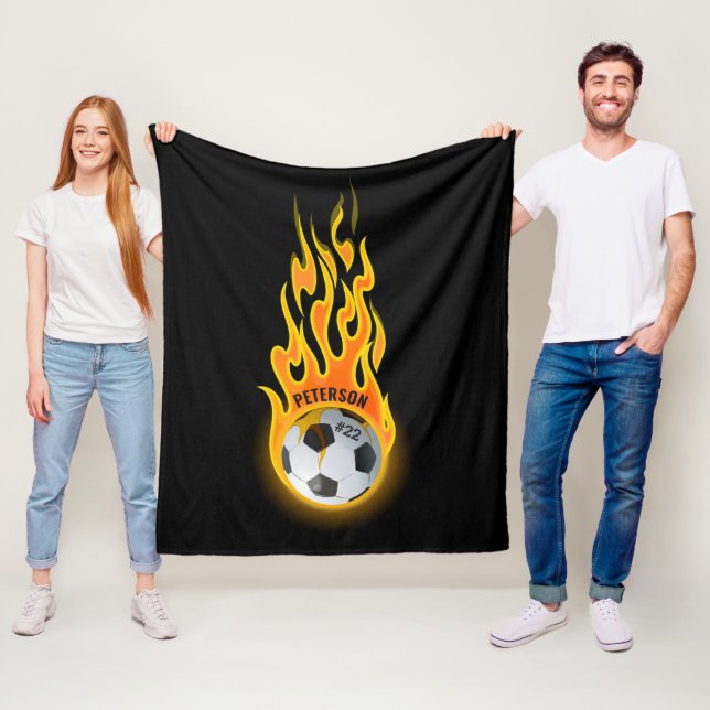 Personalised Soccer Ball in Flames Team Player Fleece Blanket (In Situ)