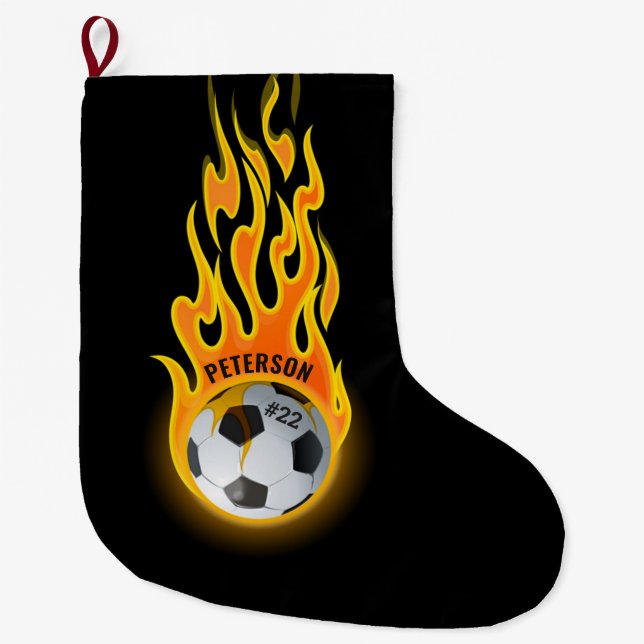 Personalised Soccer Ball in Flames Team Player Large Christmas Stocking (Front)