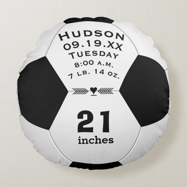 Personalised Soccer Ball Name and Baby Stats Round Cushion (Front)