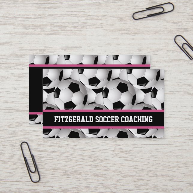 Personalised Soccer Ball Pattern Black Pink White Business Card (Front/Back In Situ)