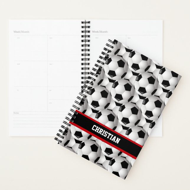 Personalised Soccer Ball Pattern Black Red White Planner (Display)