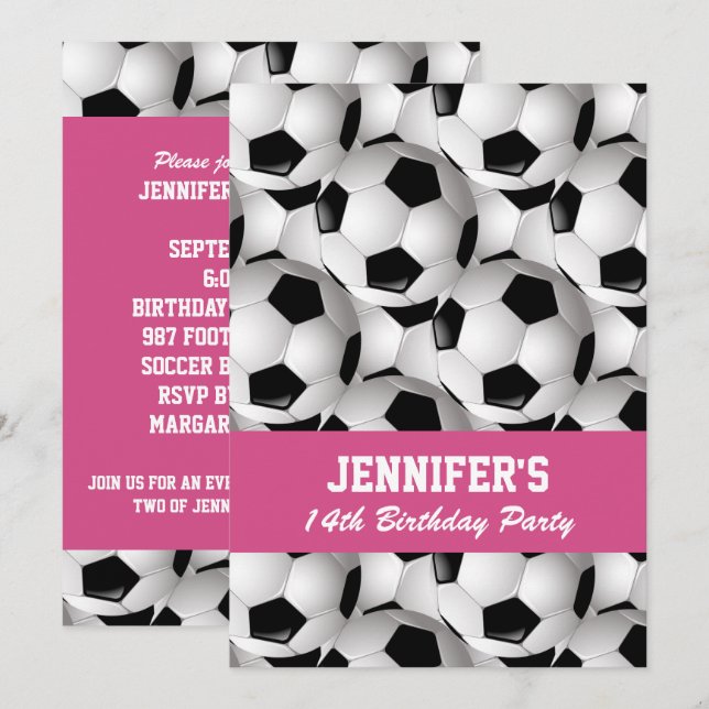 Personalised Soccer Ball Pattern Pink Birthday Invitation (Front/Back)