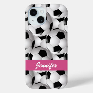 Personalised Soccer Ball Pattern Pink iPhone 15 Case