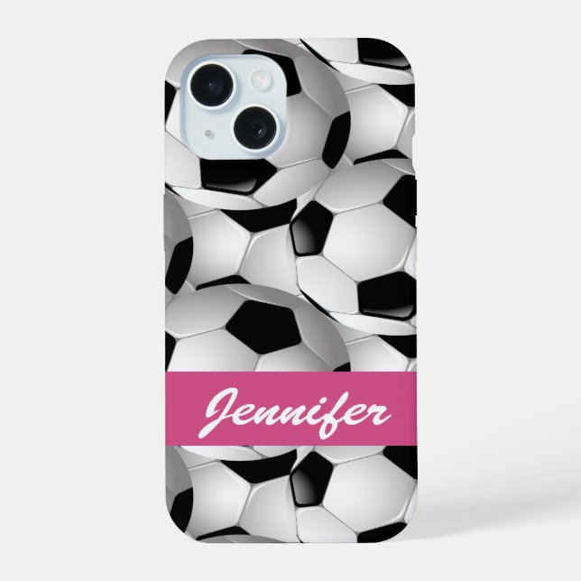 Personalised Soccer Ball Pattern Pink iPhone 15 Case (Back)