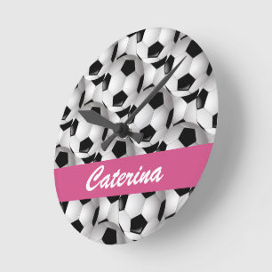Personalised Soccer Ball Pattern Pink Round Clock