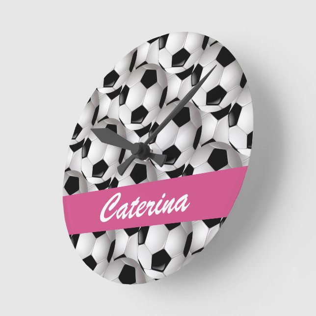 Personalised Soccer Ball Pattern Pink Round Clock (Angle)