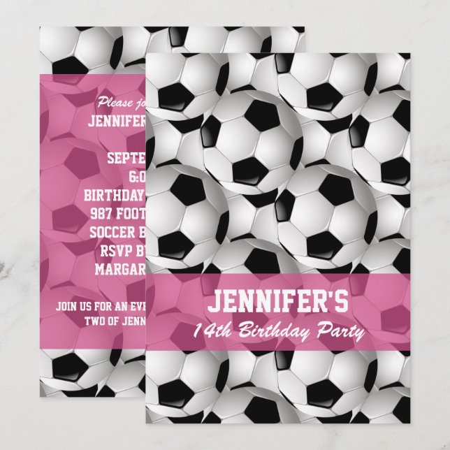 Personalised Soccer Ball Pattern v2 Pink Birthday Invitation (Front/Back)