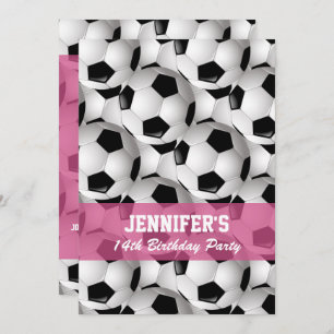 Personalised Soccer Ball Pattern v2 Pink Birthday Invitation