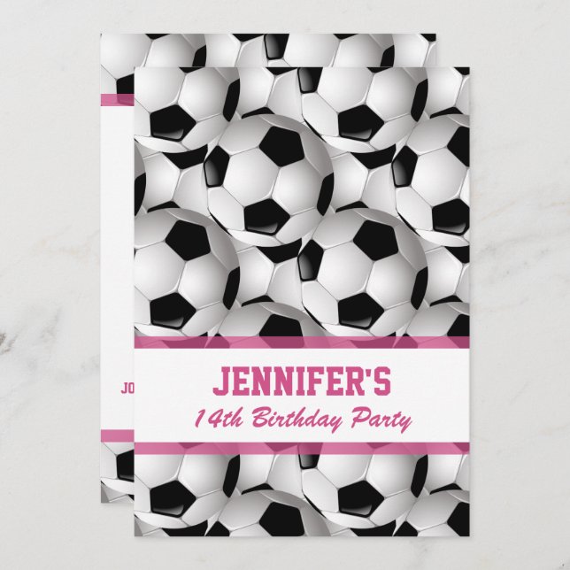 Personalised Soccer Ball Pattern v3 Pink Birthday Invitation (Front/Back)