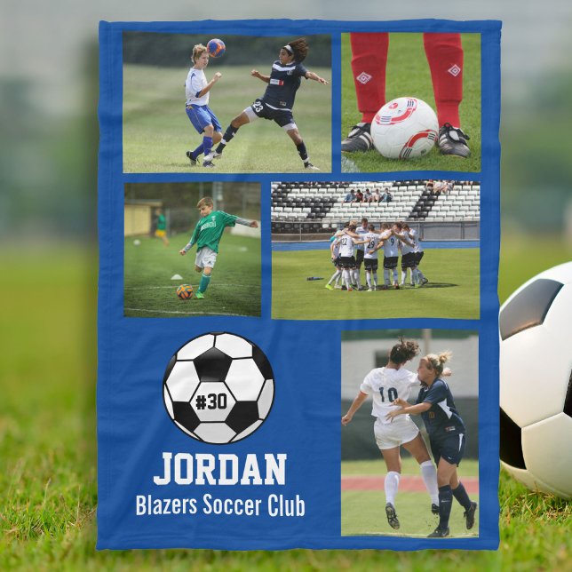 Personalised Soccer Ball Photo Collage Name # Team Fleece Blanket (Creator Uploaded)