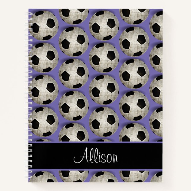 Personalised Soccer Balls Pattern Purple Notebook (Front)