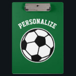 Personalised soccer coach sport accessories custom clipboard<br><div class="desc">Personalise soccer coach accessories custom sports clipboard. Add your own name,  team name or name of club. Nice gift idea for high school coach,  mum,  dad,  kids league,  teams etc. Soccer ball logo with sporty text template. Green or custom colour background. Double sided print.</div>