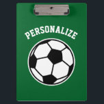 Personalised soccer coach sport accessories custom clipboard<br><div class="desc">Personalise soccer coach accessories custom sports clipboard. Add your own name,  team name or name of club. Nice gift idea for high school coach,  mum,  dad,  kids league,  teams etc. Soccer ball logo with sporty text template. Green or custom colour background. Double sided print.</div>