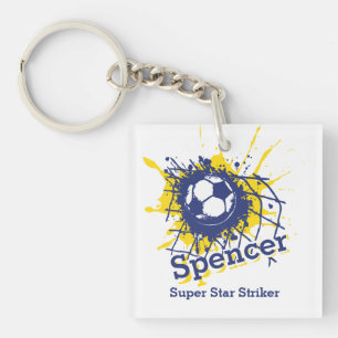 Personalised soccer defensive boy blue team key ring