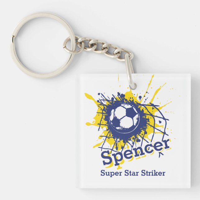 Personalised soccer defensive boy blue team key ring (Front)