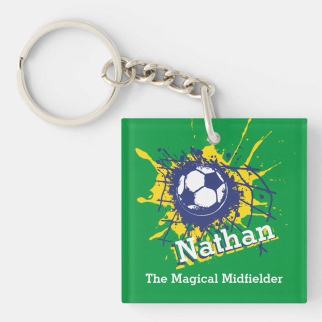 Personalised soccer defensive boy green team key ring (Front)