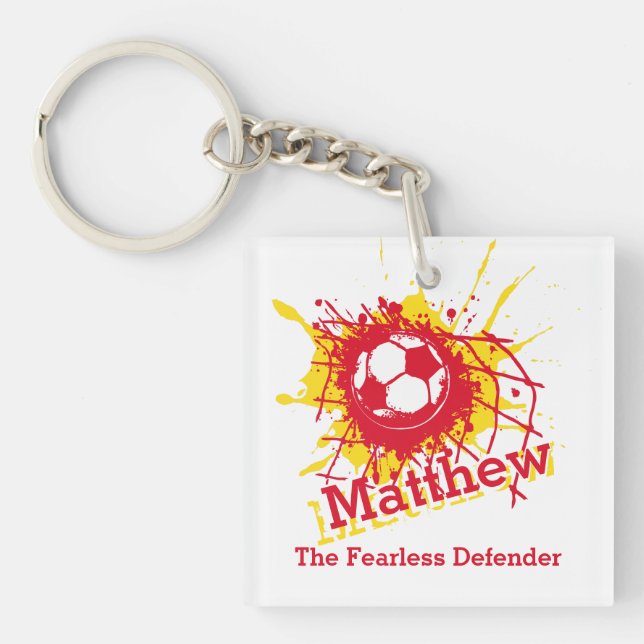 Personalised soccer defensive boy red team key ring (Front)