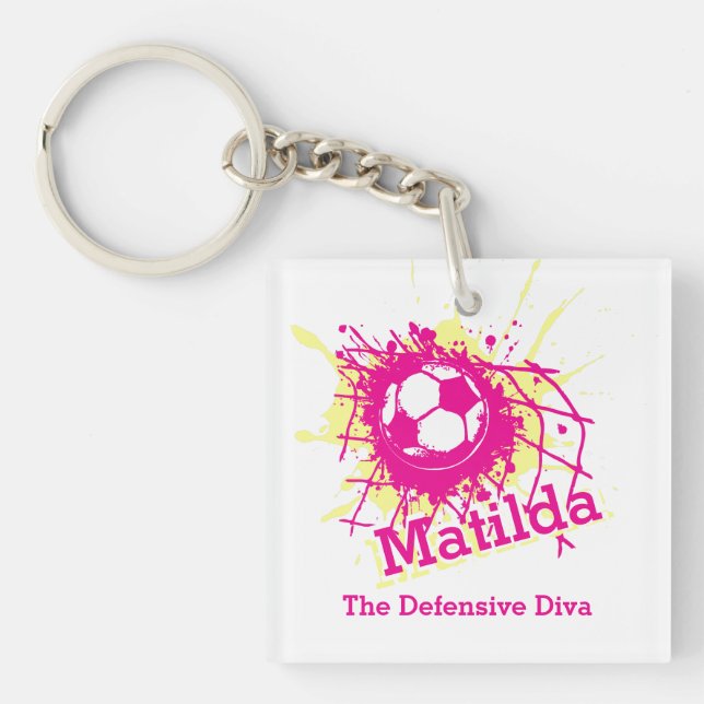 Personalised soccer defensive girls pink team key ring (Front)