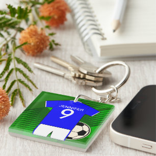 Personalised Soccer Jersey Blue and White Key Ring