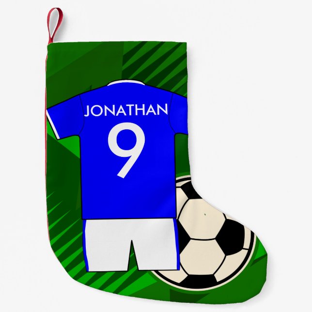 Personalised Soccer Jersey Blue and White Small Christmas Stocking (Front)