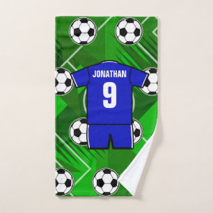 Personalised Soccer Jersey Blue with White Bath Towel Set