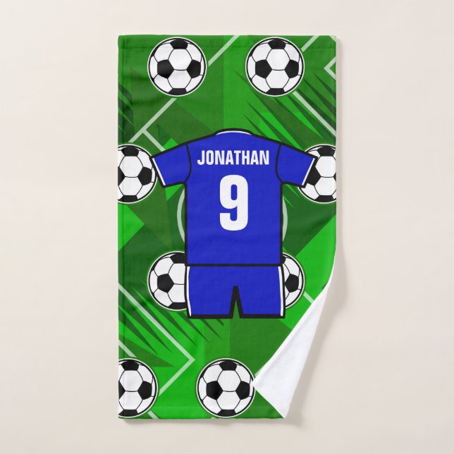 Personalised Soccer Jersey Blue with White Bath Towel Set (Hand Towel)