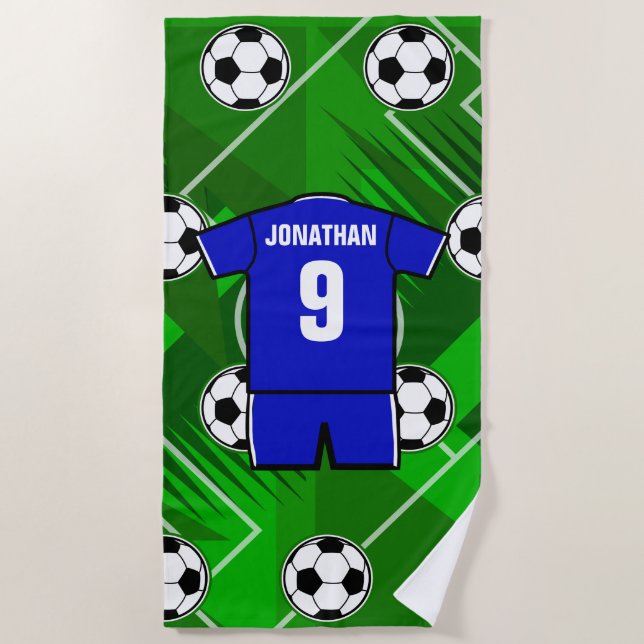 Personalised Soccer Jersey Blue with White Beach Towel (Front)