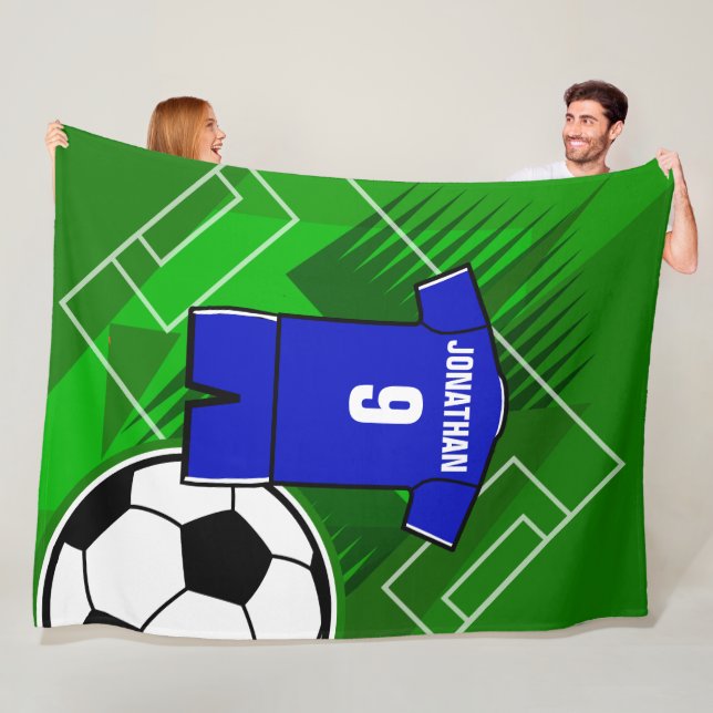 Personalised Soccer Jersey Blue with White Fleece Blanket (In Situ)