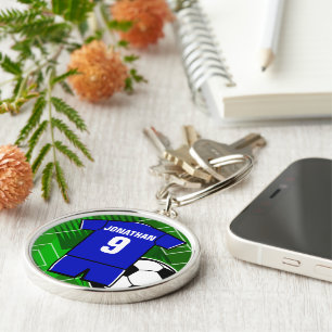 Personalised Soccer Jersey Blue with White Key Ring