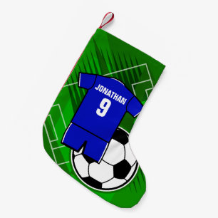 Personalised Soccer Jersey Blue with White Small Christmas Stocking