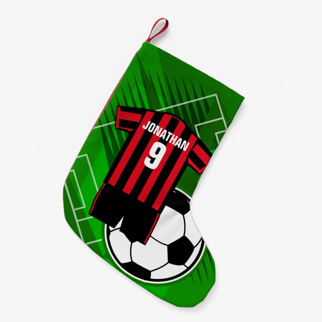 Personalised Soccer Jersey Red and Black Stripes Small Christmas Stocking (Front (Hanging))