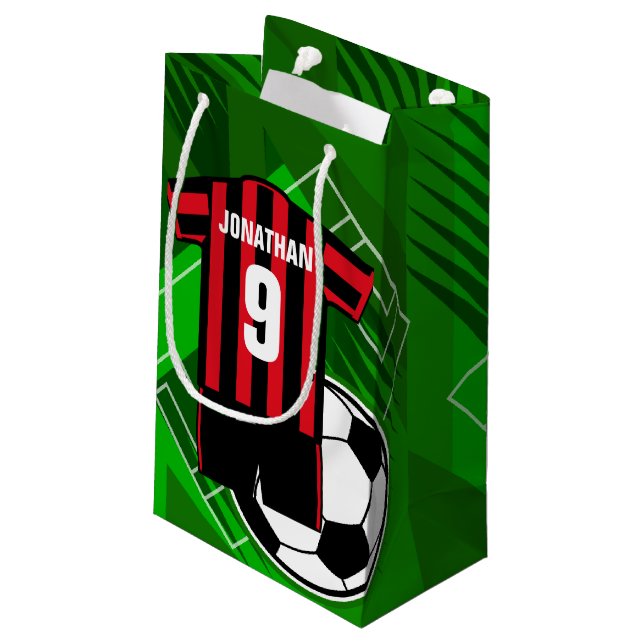 Personalised Soccer Jersey Red and Black Stripes Small Gift Bag (Back Angled)