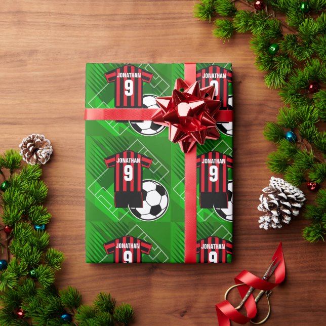 Personalised Soccer Jersey Red and Black Stripes Wrapping Paper (Holiday Gift)