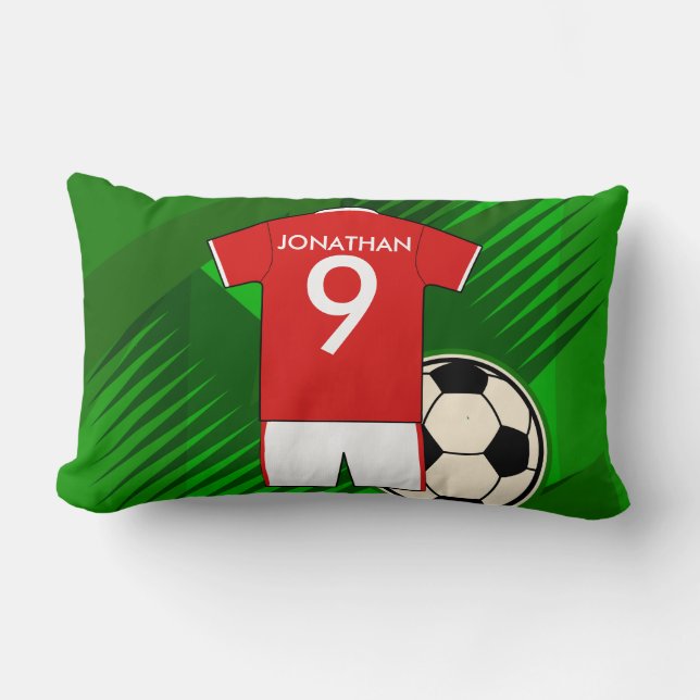 Personalised Soccer Jersey Red and White Lumbar Cushion (Front)