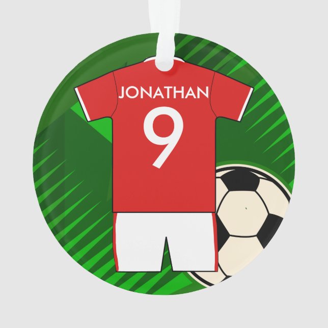 Personalised Soccer Jersey Red and White Ornament (Back)