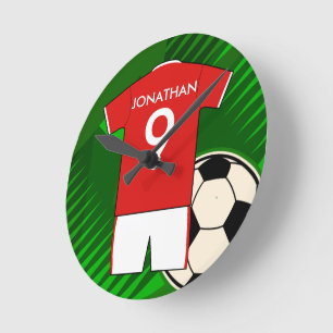 Personalised Soccer Jersey Red and White Round Clock