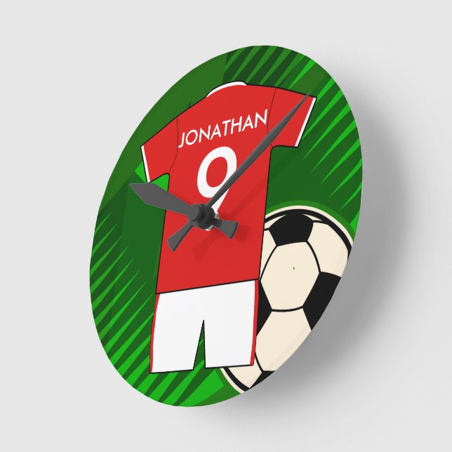 Personalised Soccer Jersey Red and White Round Clock (Angle)