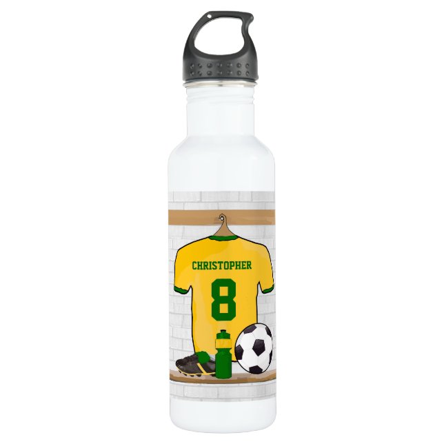 Personalised soccer jersey yellow green 710 ml water bottle (Front)
