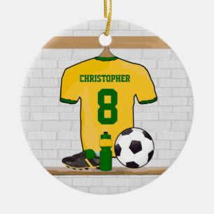 Personalised soccer jersey yellow green ceramic tree decoration