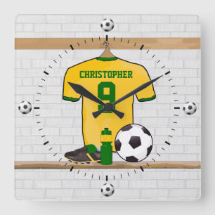 Personalised soccer jersey yellow green square wall clock